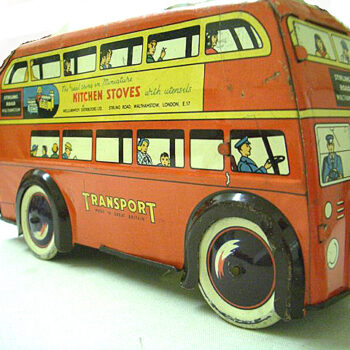 Wells Brimtoy Double-Decker Bus Windup 1950s Tin