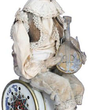 Gunthermann Pierrot Clown playing a Lute sitting on Drum Mechanical Musical Toy