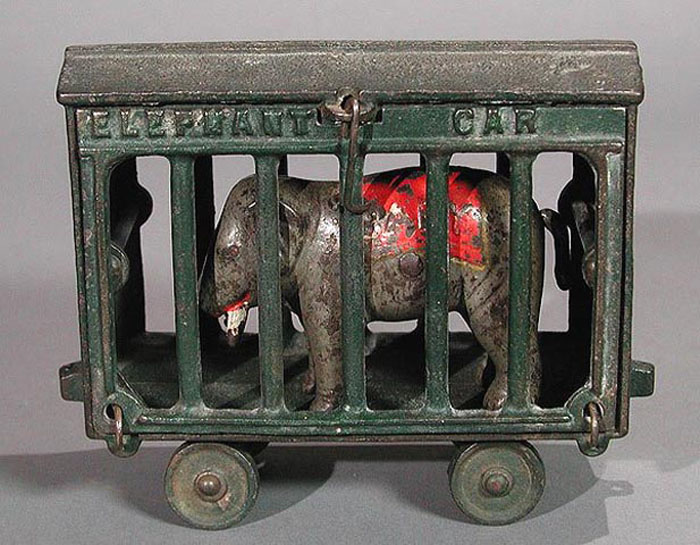 Ives, Blakeslee & Co. Circus Cage with Baby Elephant Rail Car Bank