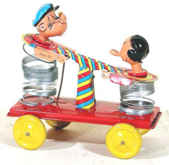 Line Mar Popeye and Olive Oyl Slinky handcar Pull Toy