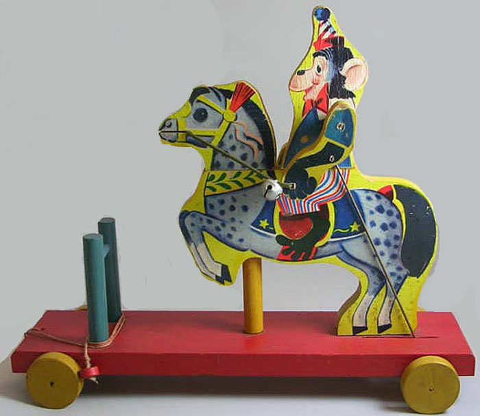 Gong Bell Monkey on Horse Pull Toy Antique Toys Library