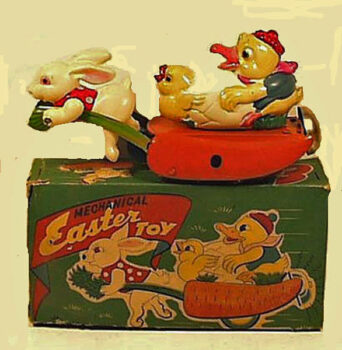 Easter Bunny Pulling Chick and Chickletts on a Carrot Sled