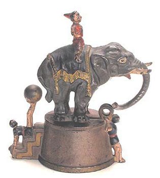 J. & E. Stevens Elephant & 3 Clowns Mechanical Bank