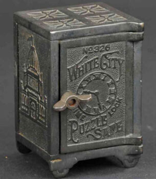 Nicol & Co. Mechanical White City Puzzle Safe Still Bank