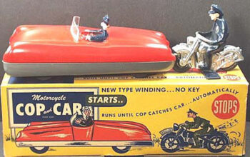 Automatic Toy Co. Cop and Motorcycle Chasing Car