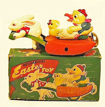 Occupied Japan Easter Bunny Pulling Chick and Chickletts on a Carrot Sled