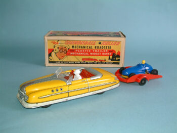 Marx Cannonball Keller Roadster pulling Trailer and Racer