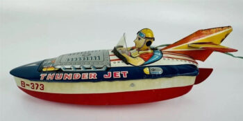 Bandai Thunder Jet Boat Remote Control, Tin, 10″ Long x 3 1/2″ High x 3 1/2″ Wide, Battery Operated, 1950’s